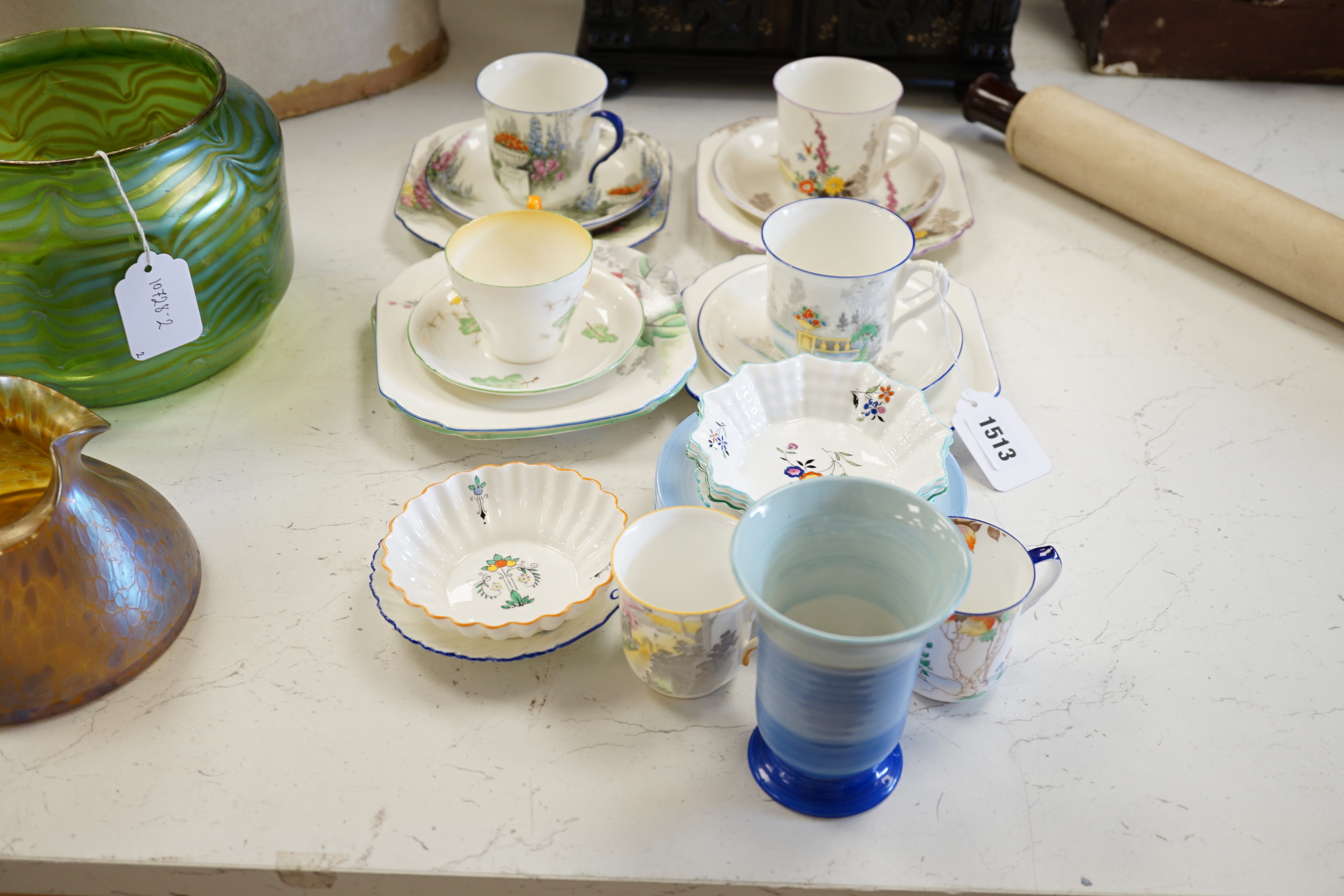 Four Shelley Art Deco trios, and various dishes etc, tallest 12cms high